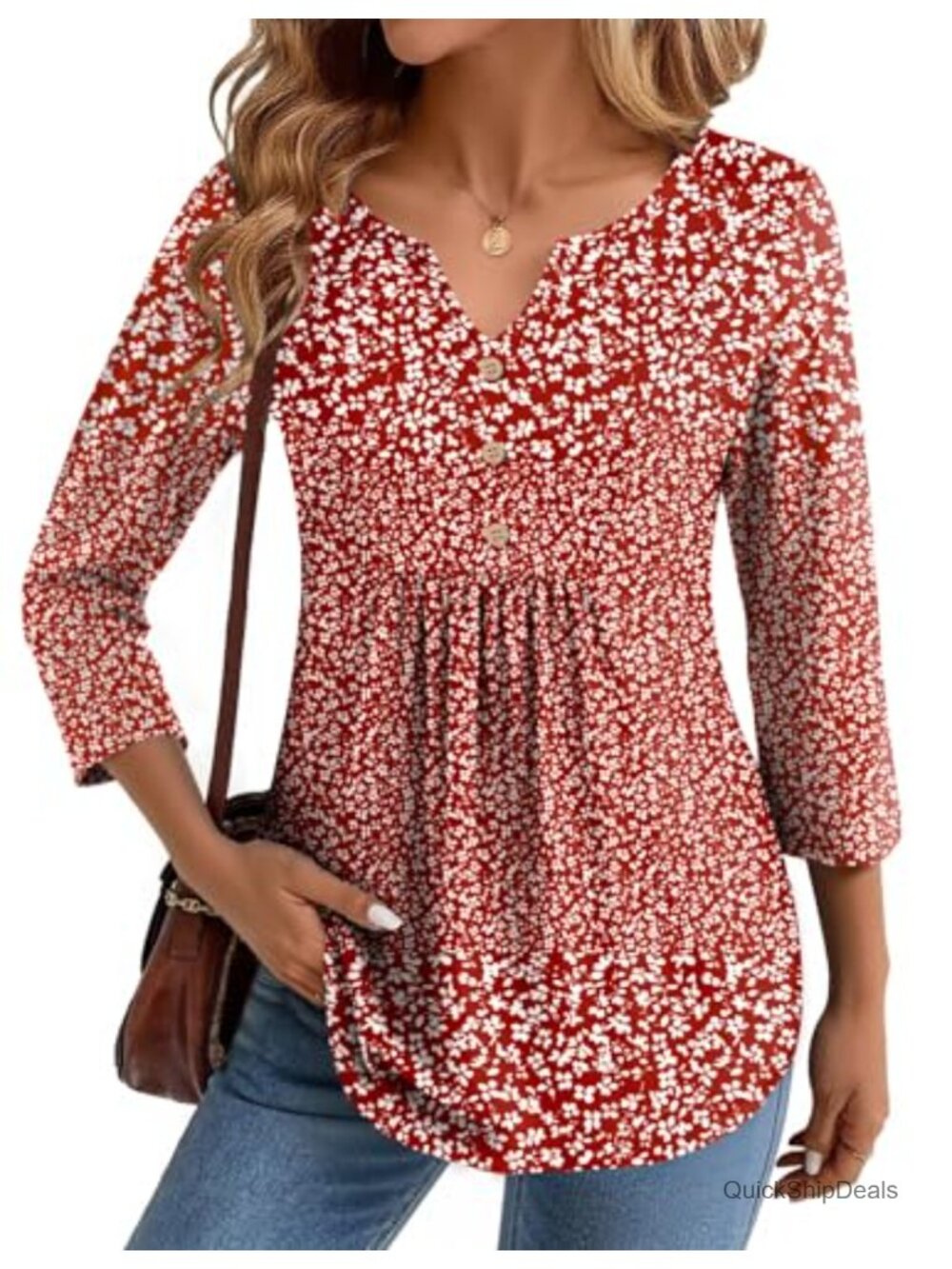 Pleated V Neck 3/4 Sleeve T Shirt Casual Dressy Women's Top